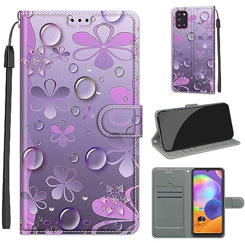 TOMYOU Handyhülle für Samsung Galaxy A31, Klapphülle Geldbörse Case mit Standfunktion, Kartenfach, kompatibel Samsung Galaxy A31, Kunstleder, TPU, Blumen, Schwarz