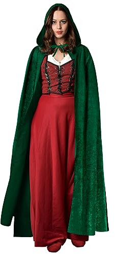 AOOWU Mittelalter Umhang Kapuzenumhang, Herren Damen Halloween Umhang mit Kapuze, Dunkelgrün Umhang, Umhang kostüm Cape Satin Erwachsene, Umhang Kostüm Mantel Halloween Weihnachten Karneval Kostüm