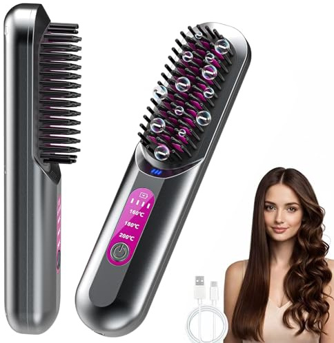 Go Brush Pro, Cordless Hair Straighteners Brush with 3 Temperature Settings | USB Rechargeable Heated Hair Brush, Hair Straighteners for Women Short Long Hair