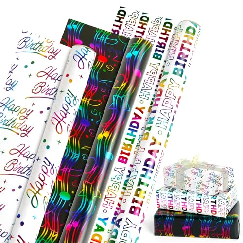 Geschenkpapier Geburtstag Rolle, 3 Rolle Buntes Geschenkpapier mit Metallfolie, 3 Verschiedene Designs Happy Birthday Geschenkpapierrolle für Geburtstagsanlässe, 43cm x 300cm pro Rolle