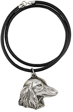 Art-Dog Hundekopf-Halskette auf Lederband - ArtDog Kollektion Hunde Halskette - Silberne Ketten mit Hundebildern - Schmuck mit Hunderassen - Teckel Longhaired - Dackel (Langhaar) II