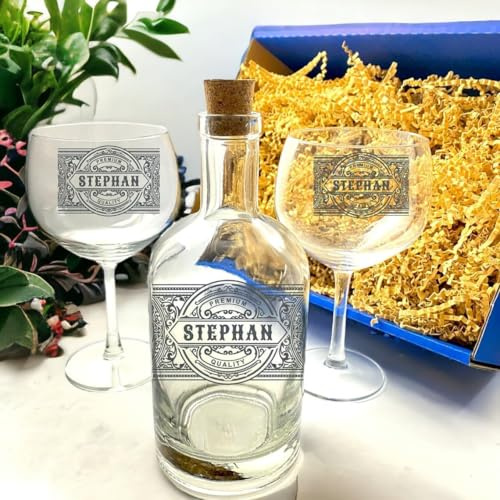 elbedruck Gin Glas Geschenk Set Flasche und Gläser mit Gravur mit Name Cocktailglas Ginglas Ginset Geschenkbox Apothekerflasche Geschenkset (2 Gläser)