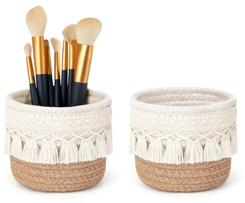 Kotkiddy 2 Stück Make-up-Pinselhalter, Organizer, Kammpinsel, Mini-Aufbewahrungskorb, Körben mit Boho-Dekor für Stifte, Bleistiftbox, Behälter, 10×10cm,Gelb und Weiß