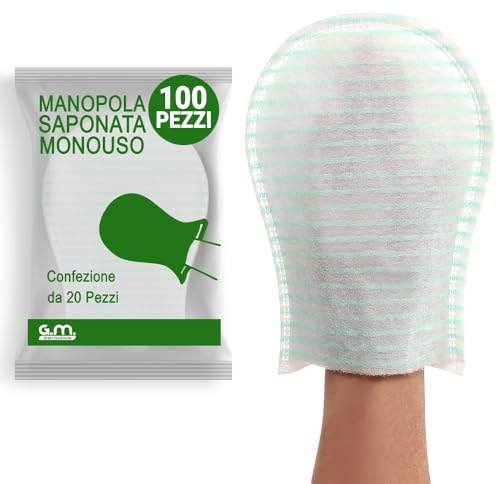 GM 100 PEZZI - Manopole Saponate Monouso di Altissima Qualità (75 gr/mq) con Soffice Spugna, Delicatamente Profumate, Senza Risciacquo, Manopola Presaponata, Guanto per Pulizia Anziani