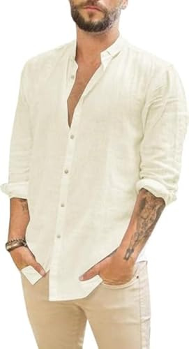 Runcati Chemise pour homme en lin à manches longues pour l'été et la plage - Chemise décontractée coupe droite - Chemises de loisirs, beige, L
