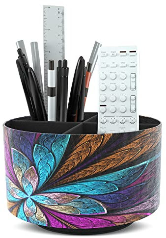 Czzmy Rotation range télécommande,Circulaire Support de télécommande en PU Cuir avec 4 Compartiments,Organisateur de bureau multifonction pour TV telecommande,Lunettes,Crayons(1-Fleurs fractales)