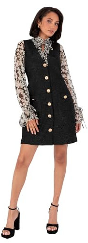 Lovedrobe Women's Mini Dress Ladies Sleeveless V-Neck Pinafore Rose Floral Jacquard Gold Button Pockets Smart Casual Office Wear, Noir 46