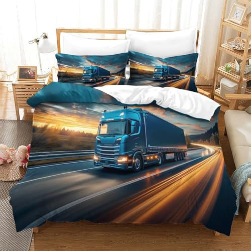 EKDKERBDI Big LKW Bettbezug Set Bettwäsche Kinderbettwäsche-Set Reißverschluss Mit Kissenbezug Betten Set Für Jugendliche Kinder Schlafzimmer Single（140x200cm）
