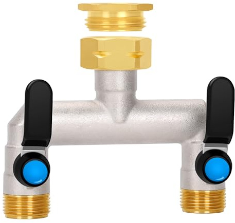 OPERMAXER 2-Wege Wasserverteiler[Großer Durchfluss],Wasserhahn Verteiler aus Vernickeltem Messing, 1-Zoll Anschluss mit 3/4-Zoll Adapter,Griff aus 304 Edelstahl,für eine Effizientere Gartenbewässerung