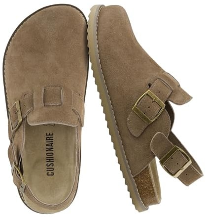 CUSHIONAIRE Brooklyn Suede Womens Slides– Comfortable Clog Mules with Adjustable Buckles – Summer Shoes for Women,TAUPE 8