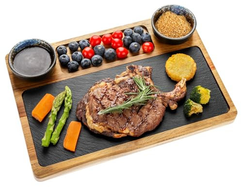 HALE OTEIR Plateau en ardoise pour steak, vaisselle de barbecue, plateau en ardoise, plateau de service en bois d'acacia avec 2 bols à sauce et compartiments, assiette à steak, assiette à apéritif