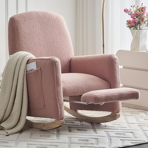 Sedia a dondolo con sgabello, poltrona lounge con pouf, sedia a dondolo per interni con schienale alto per il soggiorno, tessuto teddy (rosa, 67 x 126 x 98 cm)