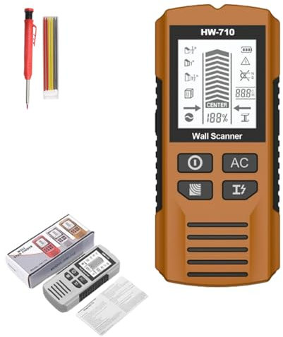 Multifunktionaler tragbarer Metall- und Wanddetektor, 2025 Upgrade 5 in 1 leitungssuchgerät mit LCD Display und akustischem Alarm zum Auffinden von Stromleitungen, Holzbalken, Metallrohren (Gelb+HM)