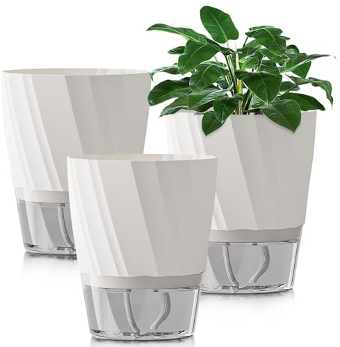 Kaezuy 3er Set Blumentopf Selbstbewässernd Plastik Kräutertopf Küche Set, 15cm Moderne Pflanztopf mit Selbstbewässerung und Wasserspeicher, Kräutertöpfe für Zimmerpflanzen Blumen und Kräuter (Weiß)
