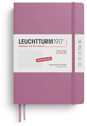 LEUCHTTURM1917 372600 Tageskalender Dotted Medium (A5) 2026, 12 Monate, Dusty Rose, Deutsch