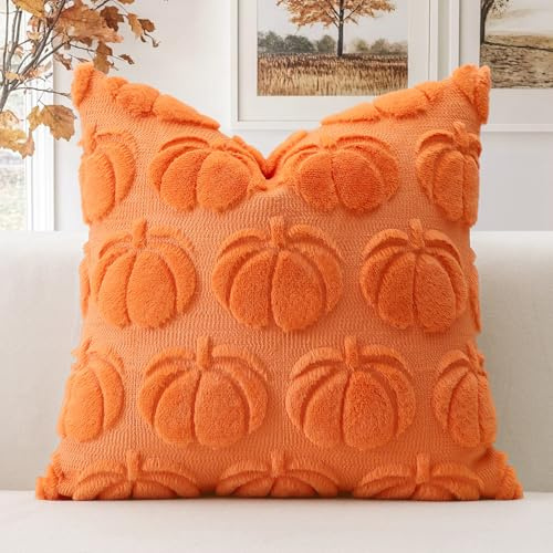 Artscope 1er Set Wolle Kürbis Kissenbezug Weicher Plüsch Kurzer Wollsamt Dekokissenbezüge Herbst Kissenhülle Sofakissen Herbstdeko für Sofa Schlafzimmer Halloween Orange, 50x50cm