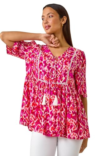 Roman Originals Summer Top for Women UK Ladies Swing Tunic A Line Blouse Ladder Trim Shirt Spring Casual Smart Holiday Party Beach Cruise Gathered Waist Loose Work - Abstract Pink - Size 20
