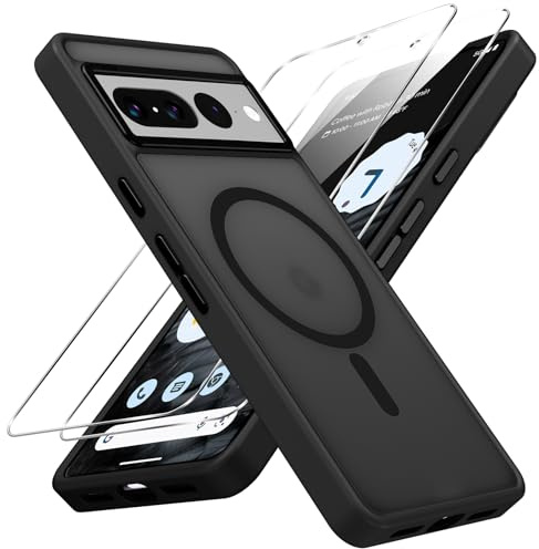 Pnakqil Magnétique Coque pour Google Pixel 7 Pro 5G avec 2 Verre Trempé, Compatible avec MagSafe, Etui Translucide Mat Arrière Housse Fine Antichoc Militaire Case pour Google Pixel 7 Pro 5G 6,7, Noir