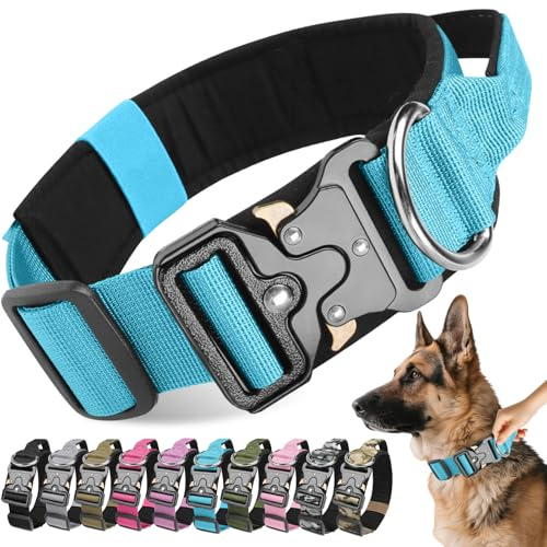 Viugex Taktisches Hundehalsband, Verstellbar Nylon Hunde Halsband Gepolstert, Wasserdicht Hundehalsbänder mit Kontrollgriff für Kleine Mittlere Große Hunde Jagd Training Outdoor (Blau, XL)