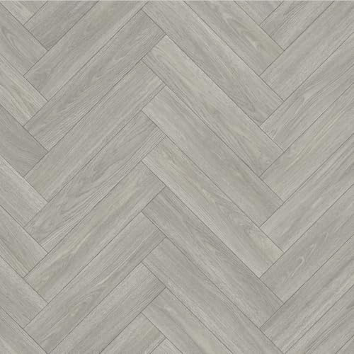 Lino Vinyl Flooring Roll, Grey Oak Herringbone Parquet, Anti-Slip Lino, Bathroom, Kitchen, 2m-3m Width (2.5m x 2m)