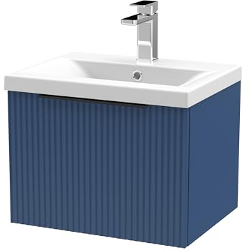 Balterley Vanity Unit with Basin Wall Hung, Single Drawer Soft Close with Mid Edge Sink and Handle, Bathroom Vanity Units with Basin, Fluted Front Sink Cabinet - 510 x 390 x 399mm (Blue)