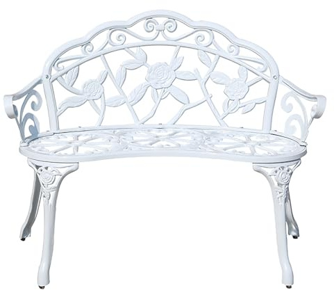 SXKLYRF Gartenbank Metall Wetterfest, Sitzbank Outdoor, Gartenbank Alu mit Rosenmuster für Terrasse, Park, Rasen und Garten(White)