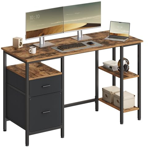 VASAGLE Computer Desk, Work Desk with Storage, 3 Shelves, 2 Drawers, 127 x 50 x 76 cm, for Home Office, Living Room, Industrial Style, Rustic Brown and Matte Black LWD103KD01