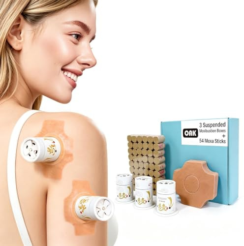 Moxa Box-Set mit 54 Moxa Stick, Hitzebeständiges Innenfutter und Vierstufige Temperaturregelung, Freihändiges Moxa Brenner Set mit Befestigungsbändern und Klebepads für Entspannung zu Hause