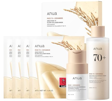 Anua Rice Radiance 3 Step Set | Rice Cleansing Powder 40g, Rice 70 Glow Milky Toner 250ml, Rice 70 Glow Collagen Mask 4ea for Glass Skin, Korean Skincare