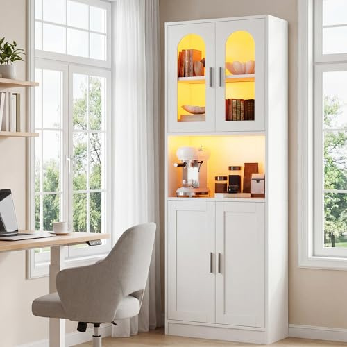 YITAHOME Estantería Alta estantería de Madera con Puertas de Armario, Moderna estantería con Zona de exposición, Mueble de almacenaje con iluminación para hogar, Oficina y salón, Blanco