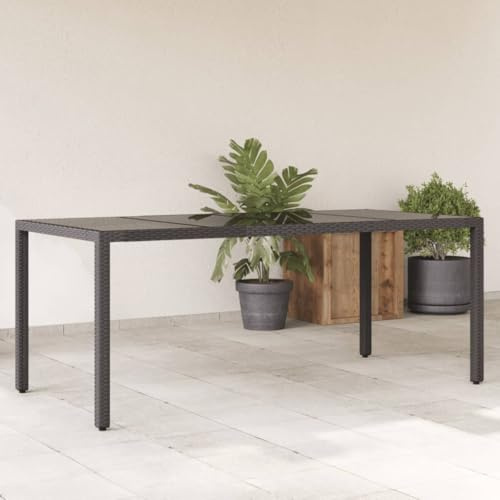 Keeushr Table de jardin avec plateau en verre noir 190 x 90 x 75 cm en polyrotin tressé et cadre en acier pour terrasse, jardin, extérieur
