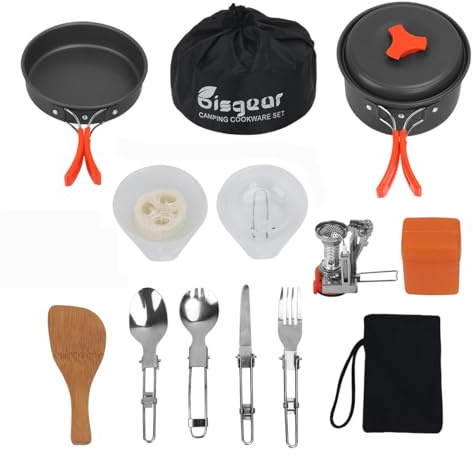 bisgear Utensilios Cocina Ollas Sartén Camping Estufa Trekking16-en-1, Ollas y Sartén Cubiertos Plegable - Set Cocina Camping para Excursión, Senderismo