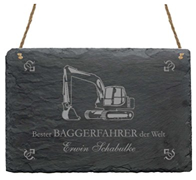 Schiefertafel « BESTER BAGGERFAHRER DER WELT » Schild mit persönlichem Namen und Motiv Bagger - Größe ca. 22 x 16 cm - Türschild Bau Radlader Bauarbeiter