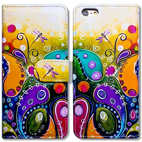 Bcov Hülle für iPod touch 7/6, Libellen-Stil, Brieftaschenformat, Leder, mit Kreditkartenschlitz, Ständer, täglicher Schutz, Transport von Karten