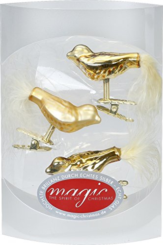 MAGIC 3 Vögel 4,5 cm Glas Weihnachtsschmuck Weihnachtsdeko Christbaumkugeln Christbaumschmuck 45mm Farbe: Inkagold Glanz/matt