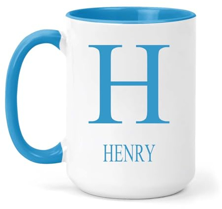 grabmybits Henry Personalized Initial Mug - Custom Name Ceramic Cup for Tea or Coffee Gift - Blue