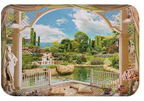 A.Monamour Badematten Badteppiche Badvorleger 3D Balkon Gartenansicht Blumen Bäume Skulptur Palast Im Freien Natur Landschaft Saugfähigen Flanell rutschfeste Bodenmatte Für Bad Küche 40X120 cm