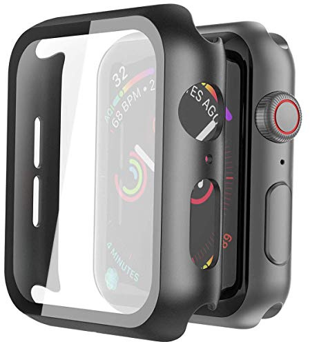 Misxi Hart-PC-Schutzhülle mit Displayschutz aus gehärtetem Glas, kompatibel mit Apple Watch SE 2 (2024) SE Serie 6, Serie 5, Serie 4, 44 mm, Schwarz, 2 Stück