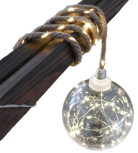 Gartenpirat Hängende Deko-Kugel Ø 20 cm mit Hanfseil und Beleuchtung 60 Micro-LED warmweiß Timer-Funktion
