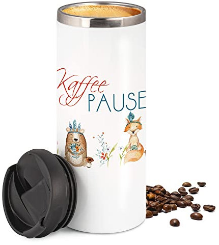 GRAZDesign Thermobecher Kaffeebecher Kaffee Pause mit Waldtieren, Coffee to go Becher, Geschenk für Mama, Freundin, Kollegin, 450 ml Travel Mug Weiß