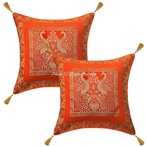 Stylo Culture Indische Dekorativ Brokat Seide Couch Kissenbezüge 45x45 cm Orange Dekokissen Jacquard Quasten Schlafzimmer Sofa Kissen Bezüge Pfau Quadrat Reißverschluss 18x18 In Kissenhullen - 2 STK.