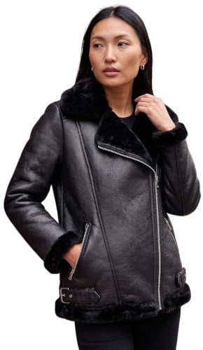 Roman Originals Faux Leather Jacket for Women UK - Ladies Bomber Aviator Coat Moto Biker Pilot PU Flying Teddy Borg Sherpa Fur Trim Furry Fleece Collar Lined Casual Warm - Black - Size 10