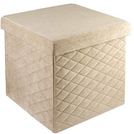 Baroni Home Pouf Cube en Velours pour Salon avec Couvercle Ouvrable, Repose-Pieds Cubique pour Chambre, Tabouret de Rangement Pliant Rembourré, 35x35x35 cm, Beige