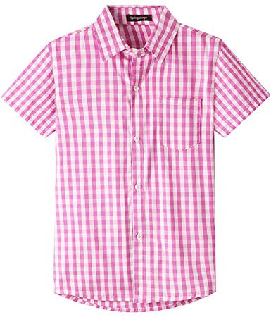 Spring&Gege Ragazzo Camicia Classica a Quadri in Cotone a Manica Corta per Bambino, Percalle Grande Rosa, 9-10 Anni