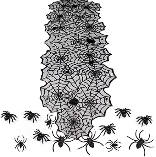 Halloween Tischdeko - Tischläufer Spinnennetze und 12Pcs Spinnen Dekoration Set,Spinnweben Party Schwarz Tischband mit Spitze Tisch Läufer Tischdecke Spinnen Accessories(180×45cm)