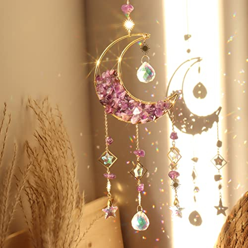 Amethyst-Kristalle, Sonnenfänger – Hängender Mond-Sonnenfänger mit Glasprismen für Fenster, Heilung Amethyst-Kristall-Dekor für Zuhause, Valentinstag, Muttertag und mehr (Style-01)