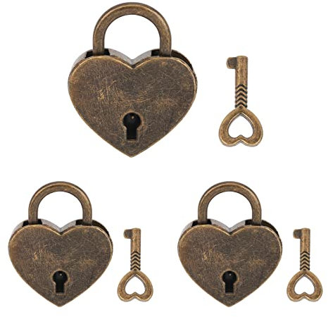 VerRich 3 mini lucchetti vintage a forma di cuore, color bronzo, per diari, libri, matrimoni, borse a mano, portagioie