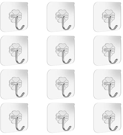 Adhesive Wall Hooks Bathroom Kitchen 12 Packs Heavy Duty 22lb(Max) Nail Free Sticky Hangers with Stainless Utility Towel Bath Ceiling Hooks