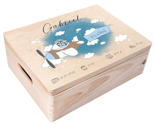 Creative Deco Erinnerungsbox Baby Personalisiert mit Namen - Waschbär Blau | Individuelle Erinnerungskiste Geschenk zur Geburt für Mädchen und Jungen | Holzkiste mit Deckel | Farbdruck
