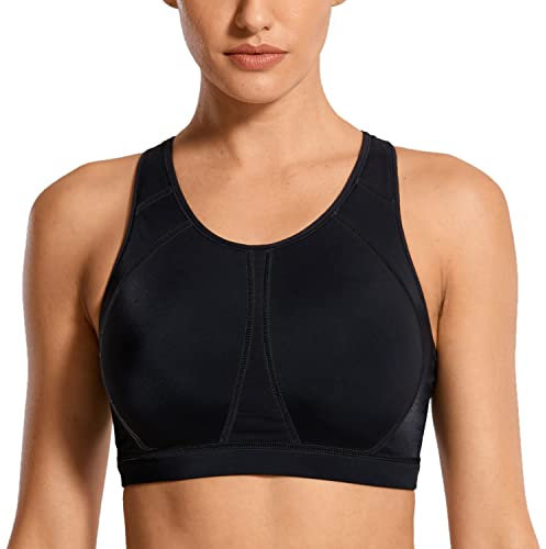 SYROKAN Women's Sports Bra for Large Breasts High Impact Full Coverage Padded Wireless Running Halter Neck Bra Black 2 38DD